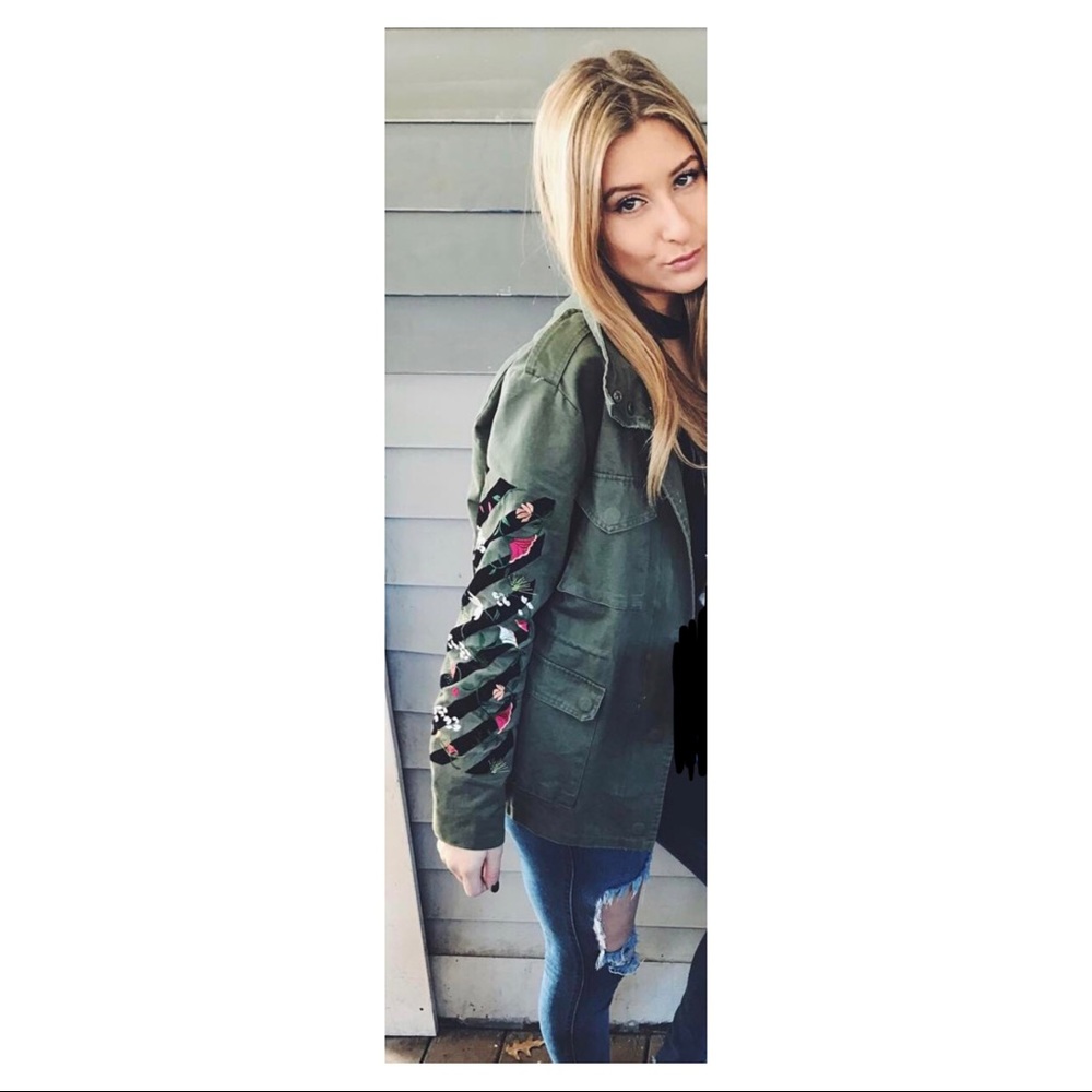 Olive Green Utility/Cargo Jacket With Flowers